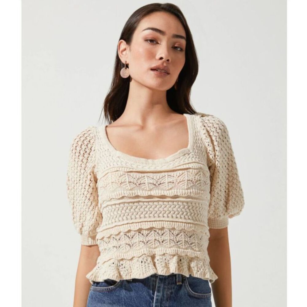 ASTR The Label Hera Crochet Knit Top Cream Womens Open Knit Cottagecore Boho S